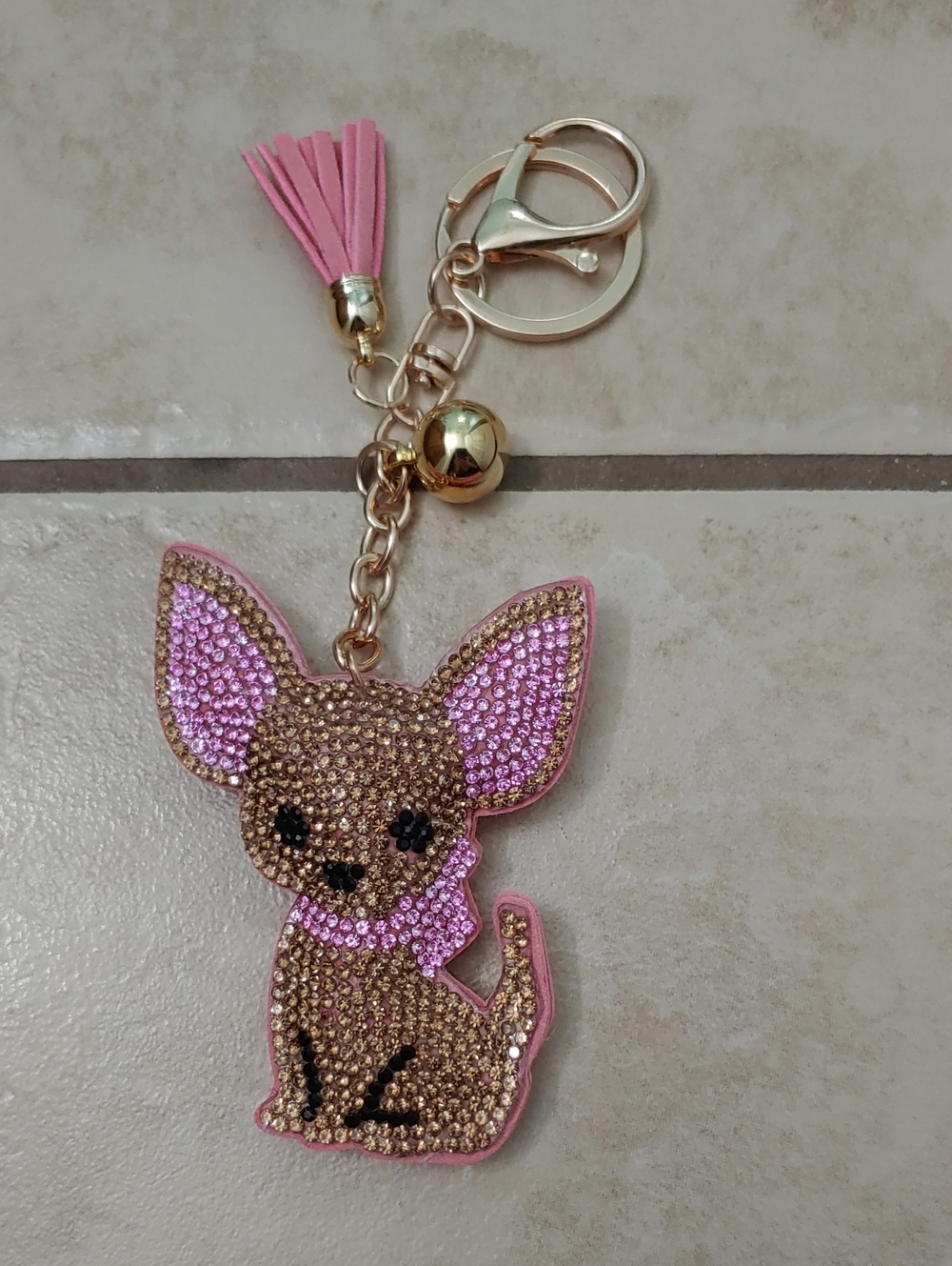 Rhinestone Chihuahua Keychain Stuffed Pink Faux Leather Purse Dog Bag Charm NWT